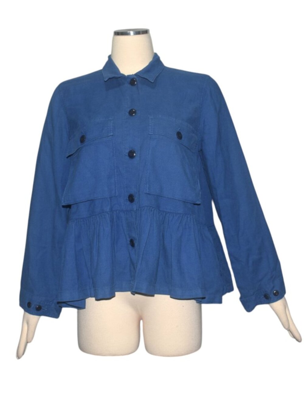 THE GREAT. The Flutter Army Jacket French Blue Lyocell Linen Peplum Utility 1 S